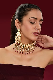 Gold Finish Kundan Polki & Multi-Colored Beaded Choker Necklace Set