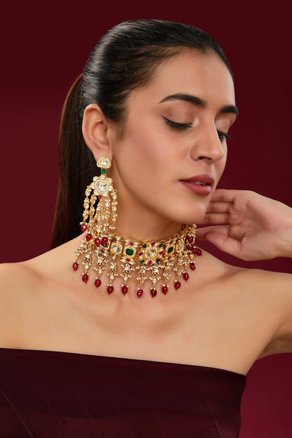 Gold Finish Kundan Polki & Multi-Colored Beaded Choker Necklace Set