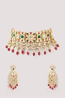 Gold Finish Kundan Polki & Multi-Colored Beaded Choker Necklace Set