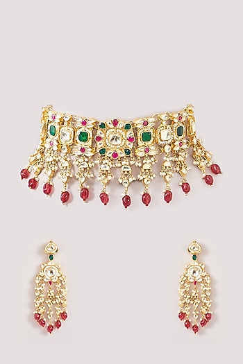 Gold Finish Kundan Polki & Multi-Colored Beaded Choker Necklace Set
