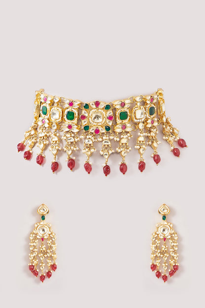 Gold Finish Kundan Polki & Multi-Colored Beaded Choker Necklace Set