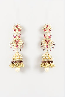 Gold Finish Red Beaded Jhumka Earrings