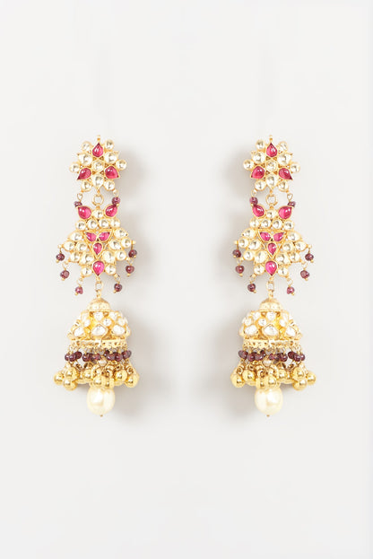 Gold Finish Red Beaded Jhumka Earrings