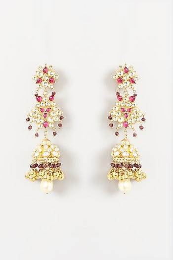 Gold Finish Red Beaded Jhumka Earrings