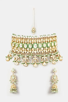 Gold Finish Green Enamel Choker Necklace Set