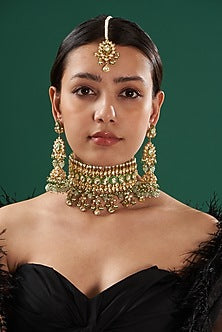 Gold Finish Green Enamel Choker Necklace Set