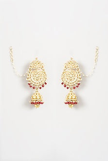 Gold Finish Red Beaded Jhumka Earrings