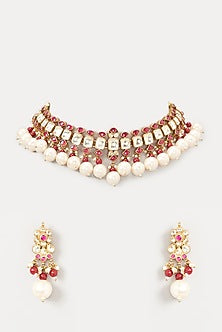 Gold Finish Red Stone & Kundan Polki Choker Necklace Set