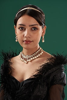 Gold Finish Red Stone & Kundan Polki Choker Necklace Set
