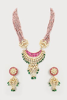Gold Finish Multi-Colored Kundan Pendant Necklace Set
