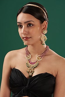 Gold Finish Multi-Colored Kundan Pendant Necklace Set