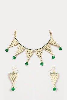 Gold Finish Green Beaded Necklace Set