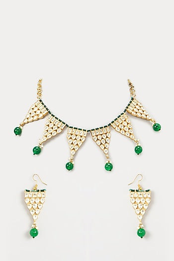 Gold Finish Green Beaded Necklace Set