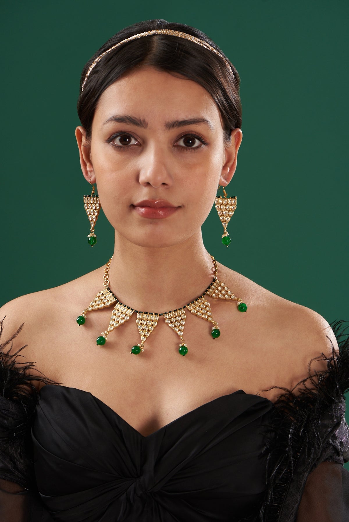 Gold Finish Green Beaded Necklace Set