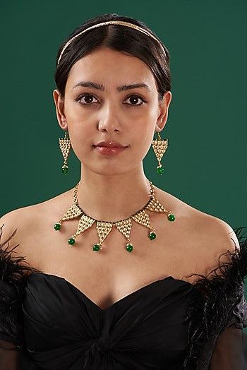 Gold Finish Green Beaded Necklace Set