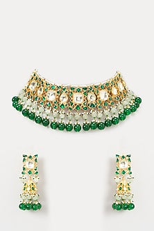 Gold Finish Green Beaded Choker Necklace Set