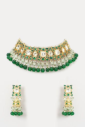 Gold Finish Green Beaded Choker Necklace Set