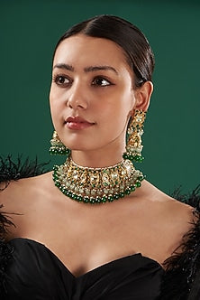 Gold Finish Green Beaded Choker Necklace Set