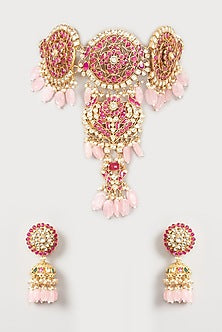 Gold Finish Pink Beaded Choker Necklace Set