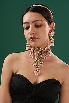 Gold Finish Pink Beaded Choker Necklace Set