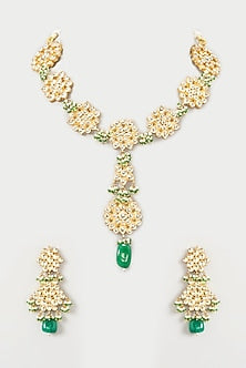 Gold Finish Green Beaded Necklace Set