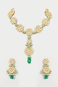 Gold Finish Green Beaded Necklace Set
