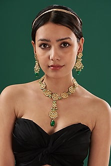 Gold Finish Green Beaded Necklace Set