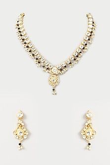 Gold Finish Kundan Polki & Black Beaded Necklace Set