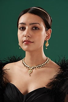 Gold Finish Kundan Polki & Black Beaded Necklace Set
