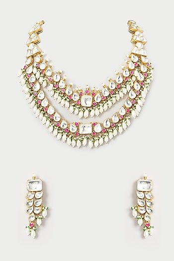 Gold Finish Multi-Colored Kundan Necklace Set