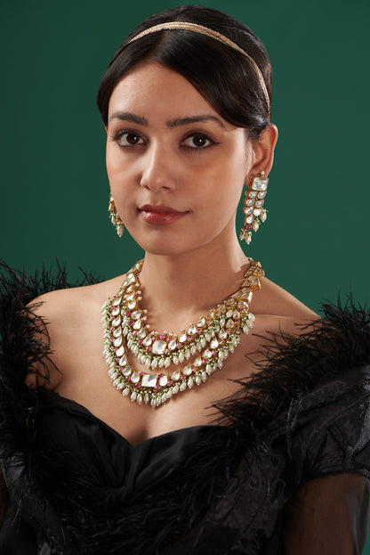 Gold Finish Multi-Colored Kundan Necklace Set