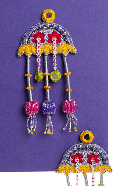 Grey Hand Embroidered Dangler Earrings