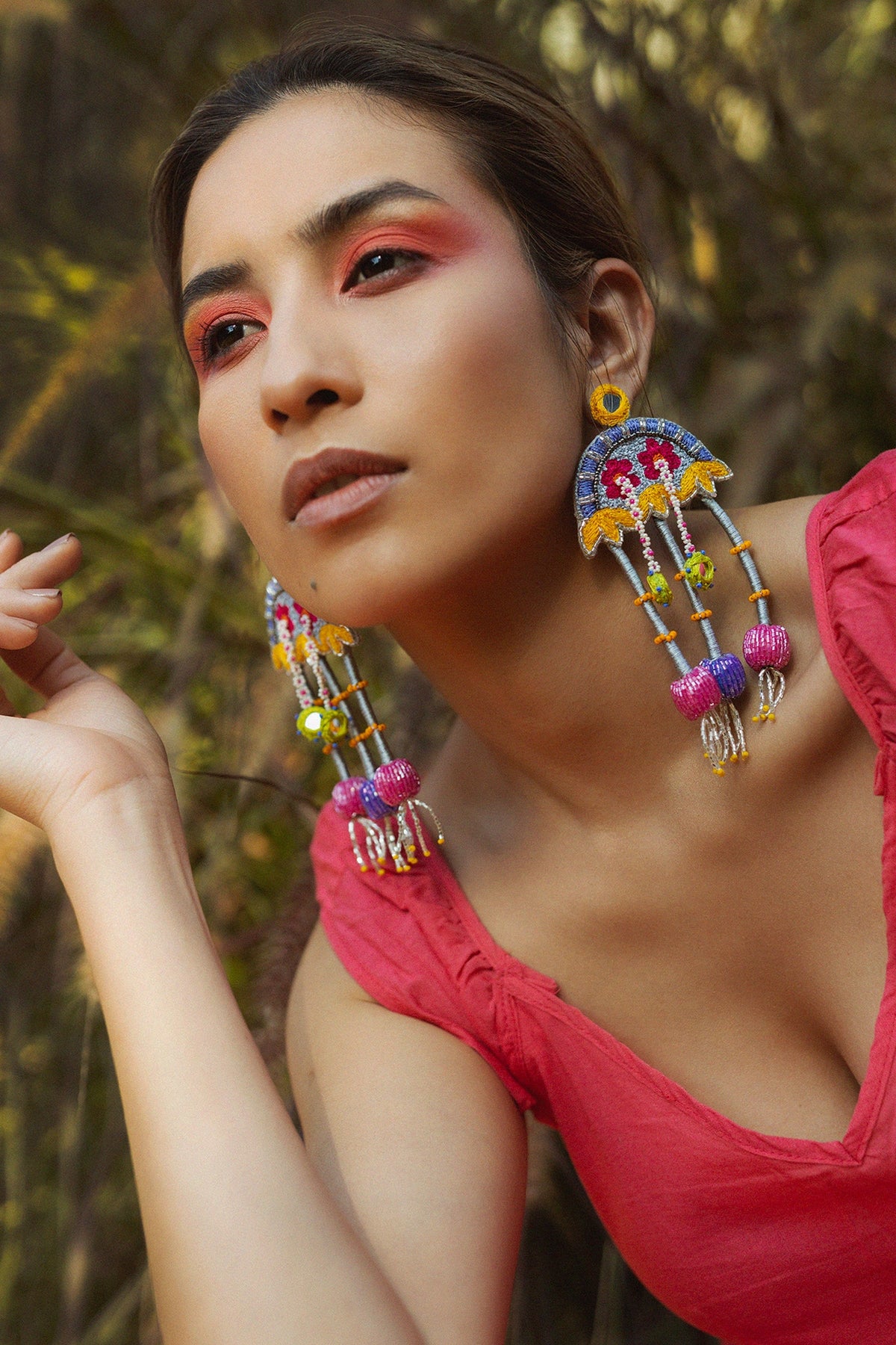 Grey Hand Embroidered Dangler Earrings