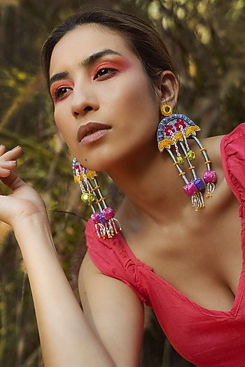 Grey Hand Embroidered Dangler Earrings
