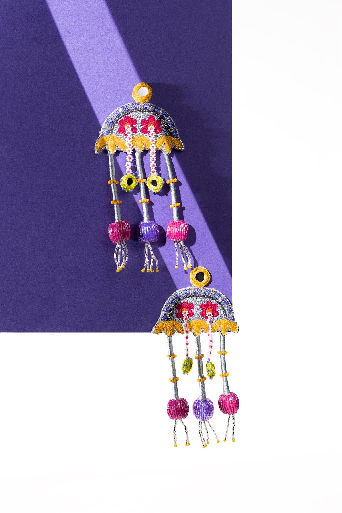 Grey Hand Embroidered Dangler Earrings