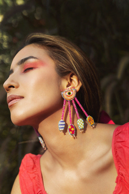 Pink Hand Embroidered Dangler Earrings