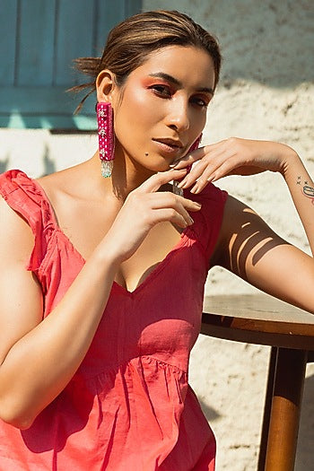 Pink Hand Embroidered Dangler Earrings