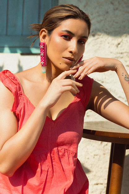 Pink Hand Embroidered Dangler Earrings