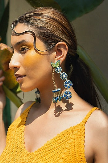 Blue Hand Embroidered Dangler Earrings