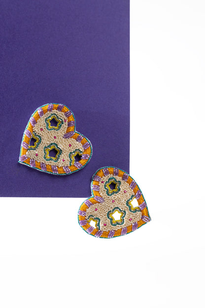 Cream Hand Embroidered Stud Earrings