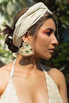 Cream Hand Embroidered Stud Earrings