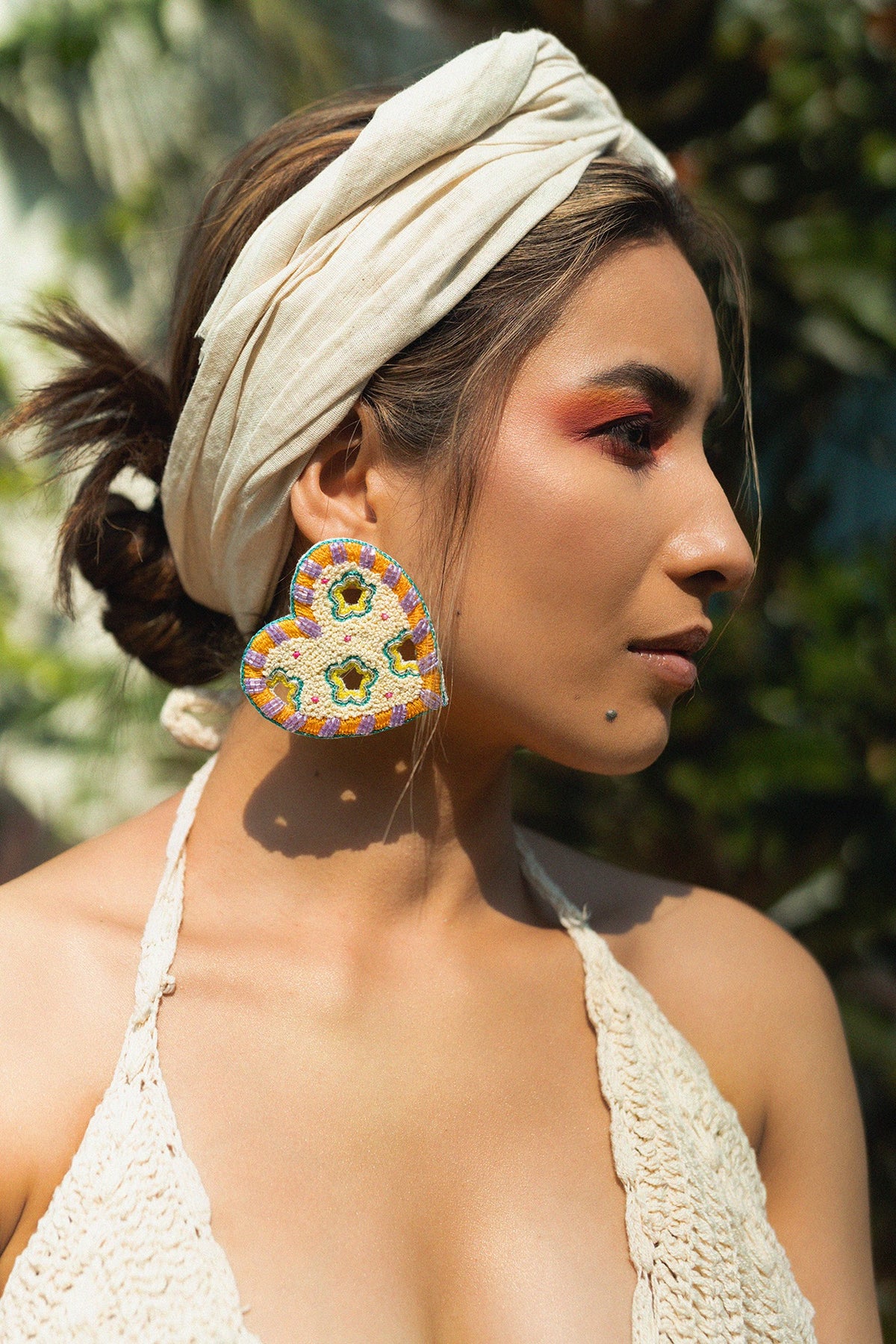 Cream Hand Embroidered Stud Earrings