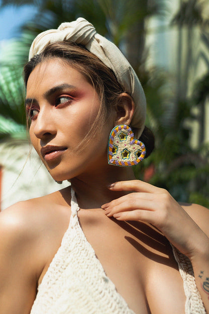 Cream Hand Embroidered Stud Earrings