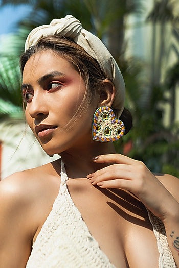 Cream Hand Embroidered Stud Earrings