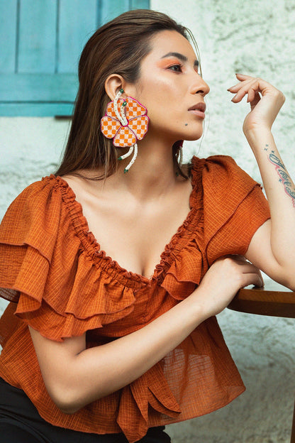 Peach Hand Embroidered Stud Earrings