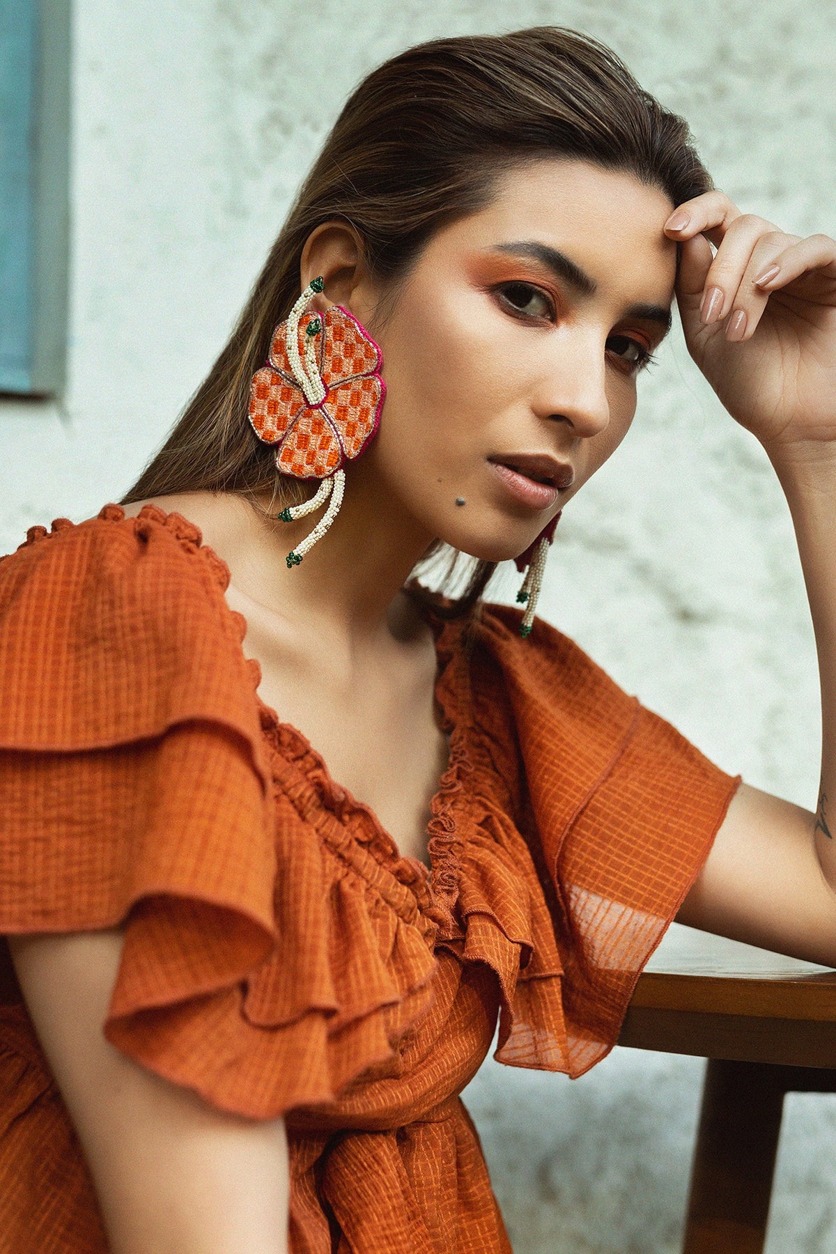 Peach Hand Embroidered Stud Earrings