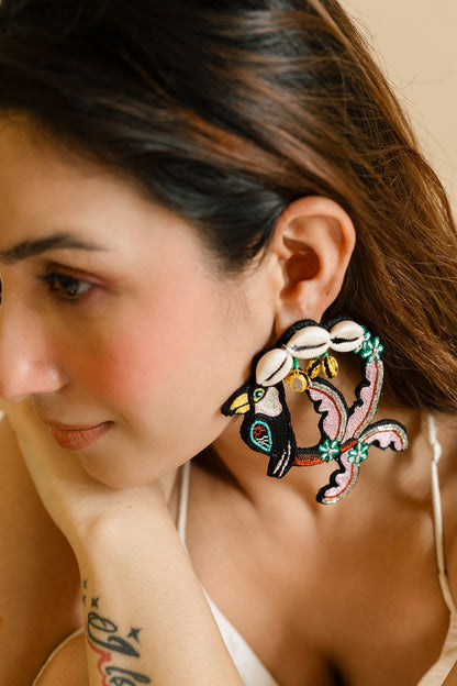 Black Cowrie Shell & Bead Hand Embroidered Stud Earrings