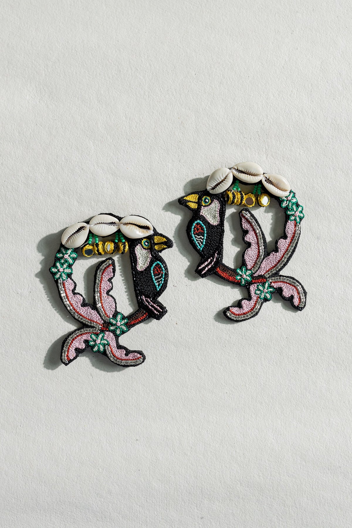 Black Cowrie Shell & Bead Hand Embroidered Stud Earrings