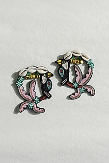 Black Cowrie Shell & Bead Hand Embroidered Stud Earrings