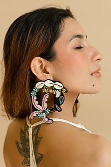 Black Cowrie Shell & Bead Hand Embroidered Stud Earrings